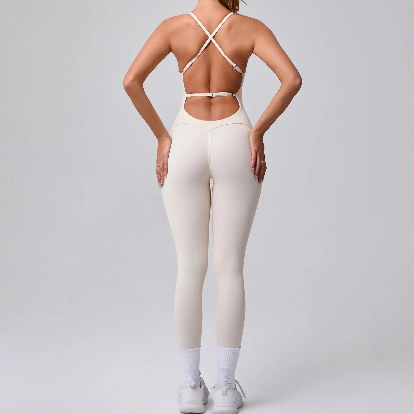One-Piece Cross-Back Bodycon Yoga Jumpsuit – Women’s Fitness Legging Gym Outfit for Activewear & Workouts
