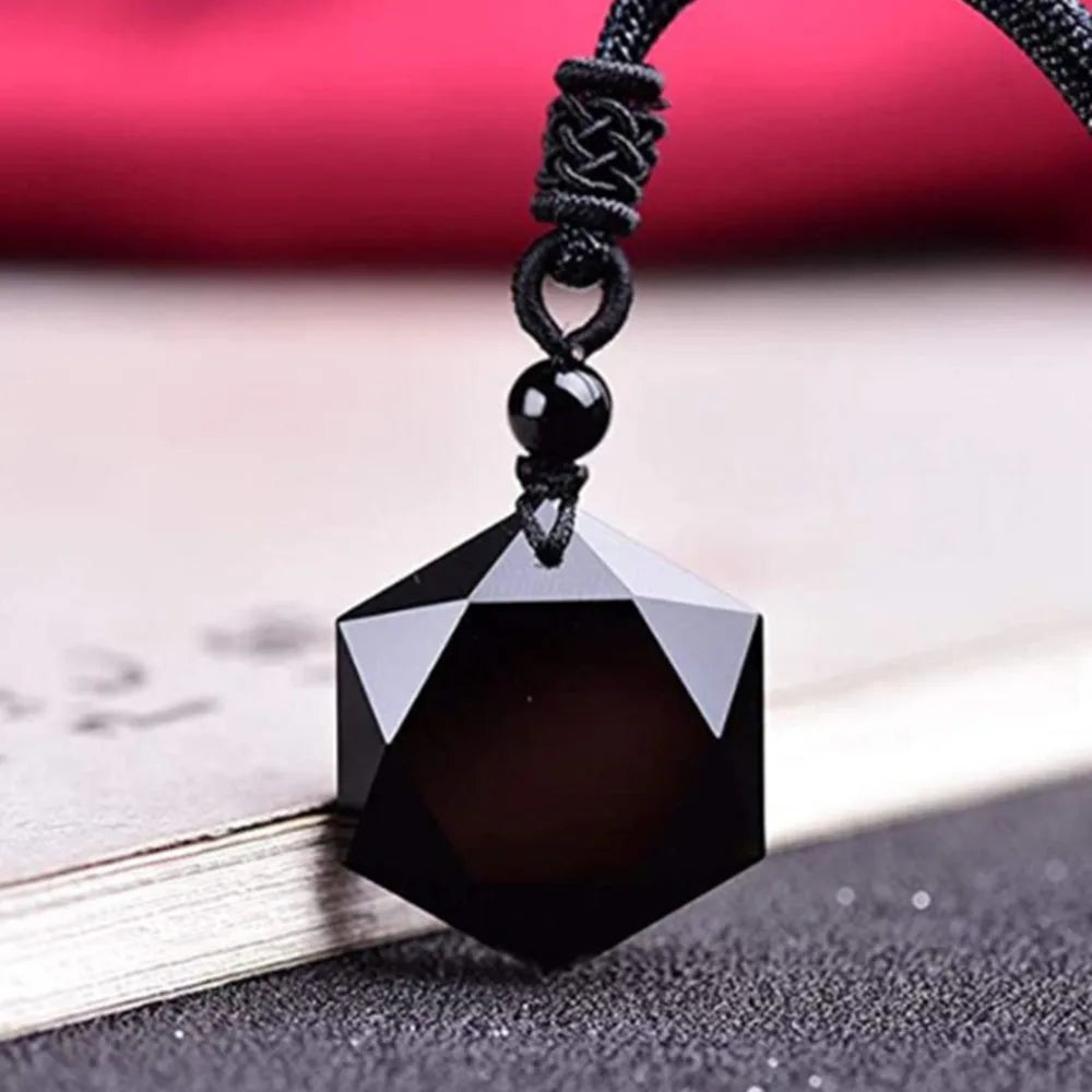 Obsidian Hexagram Pendant – Protective Black Stone Amulet Necklace for Men & Women