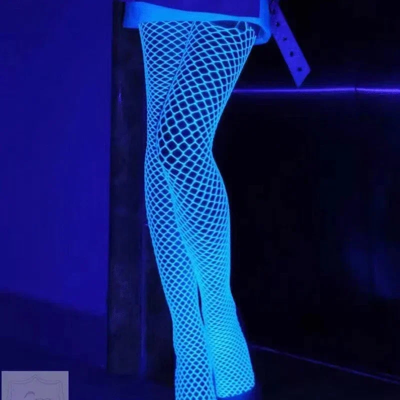 Fluorescent Fishnet Bodysuit – High-Waist Mesh Lingerie with Long Stockings for Women