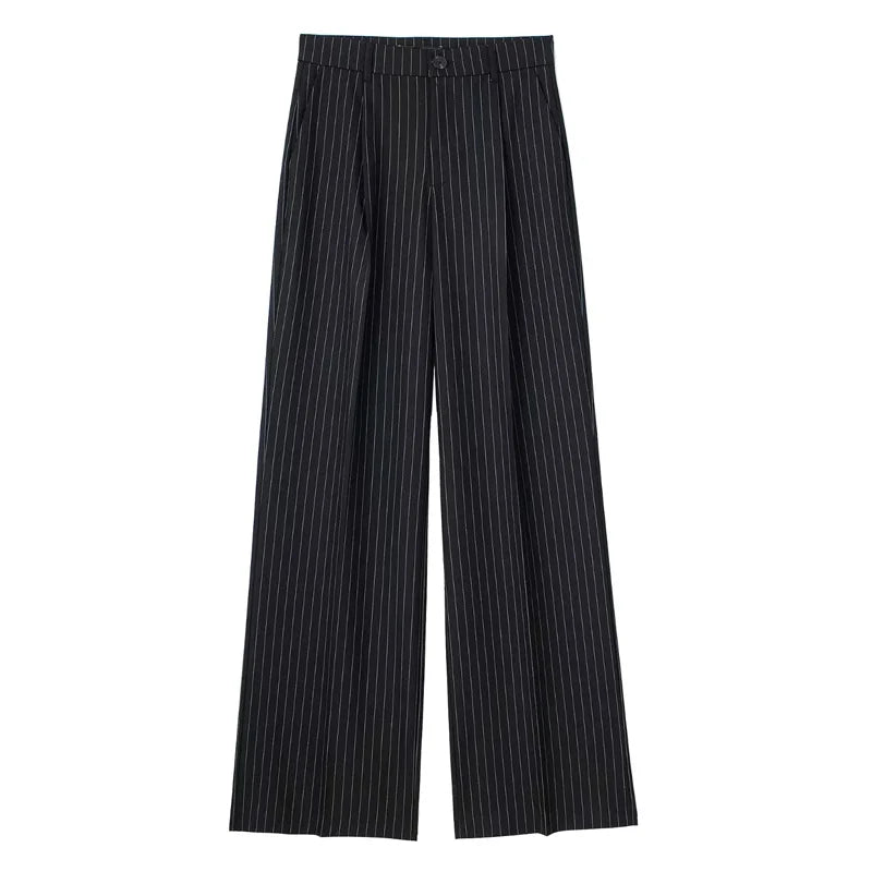 High-Waist Striped Wide-Leg Trousers – Women's Formal Office Wear, Casual Suit Pants in Grey & Black