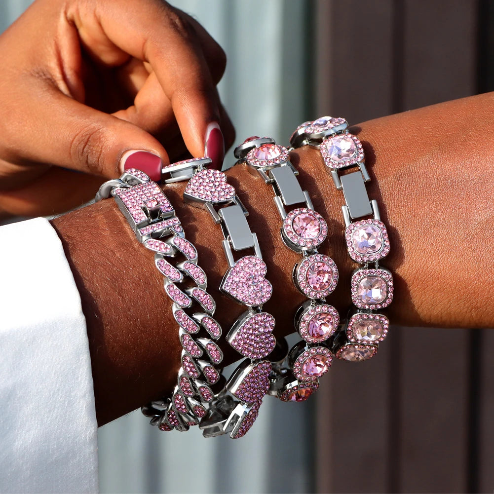 4-Piece Iced Out Pink Cuban Bracelet Set – Gold & Silver-Tone Crystal Heart, Circle & Square Hip Hop Jewelry for Women