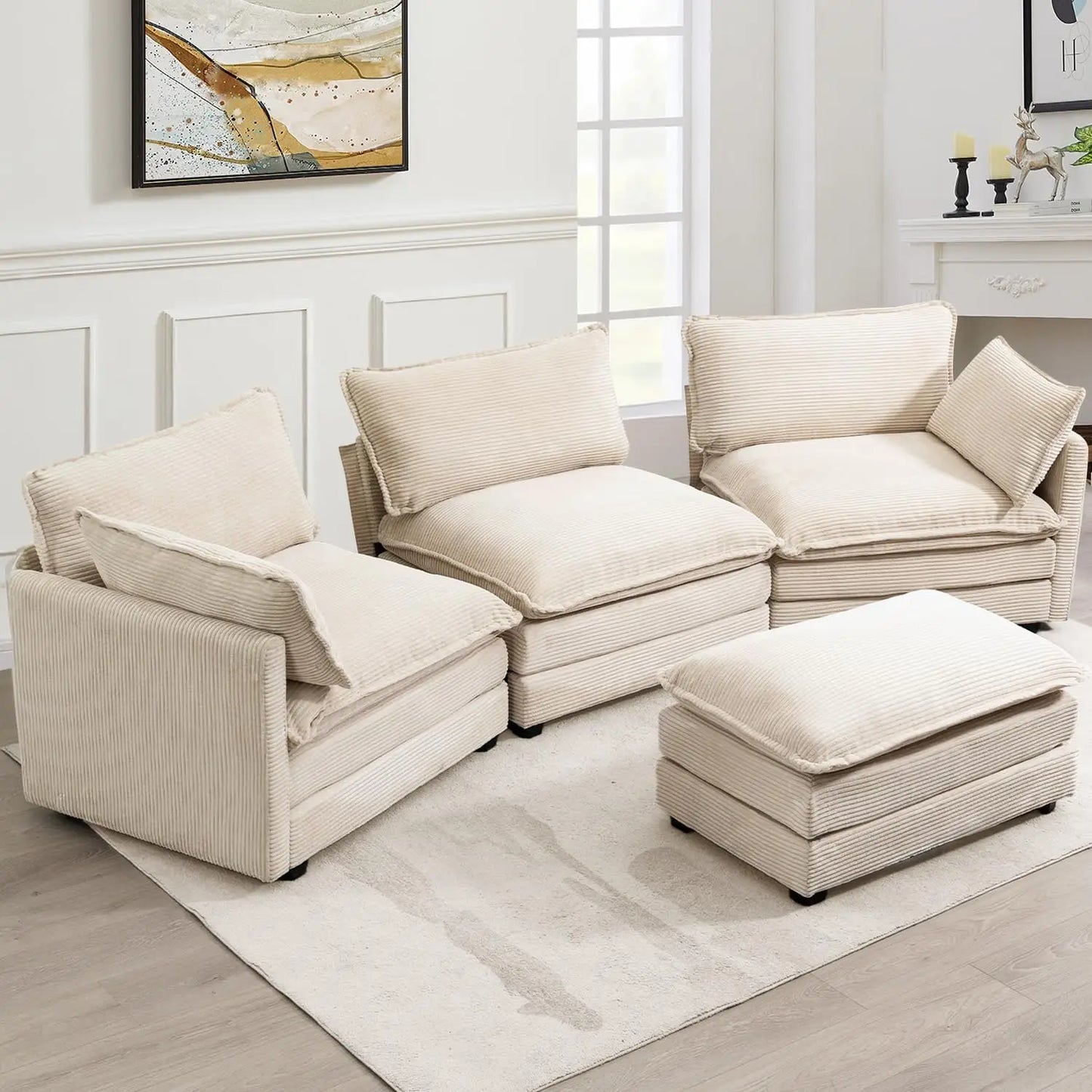 Oversized Modular Corduroy Sectional Sofa – 112" 4-Seat Convertible L-Shaped Couch with Movable Ottoman