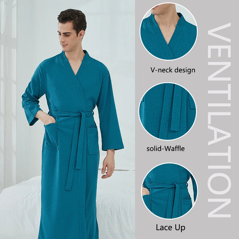 Unisex Waffle Bathrobe – Long, High-Quality Robe for Men & Women, Solid Black Plaid, Comfortable Loungewear or Nightwear