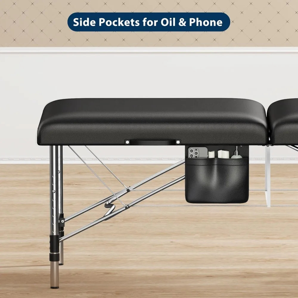 2-Fold Portable Massage Table with Adjustable Height – Lightweight Aluminum Frame & Side Pocket for Spa, Facial, Lash Bed Use