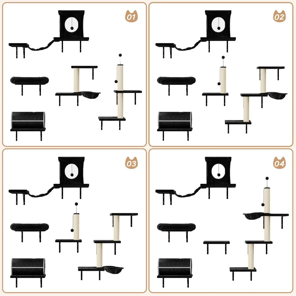 7-in-1 Wall-Mounted Cat Climber Furniture Set – Includes Cat House, Tunnel, Bridge, Hammock, Steps, Scratcher & Shelves