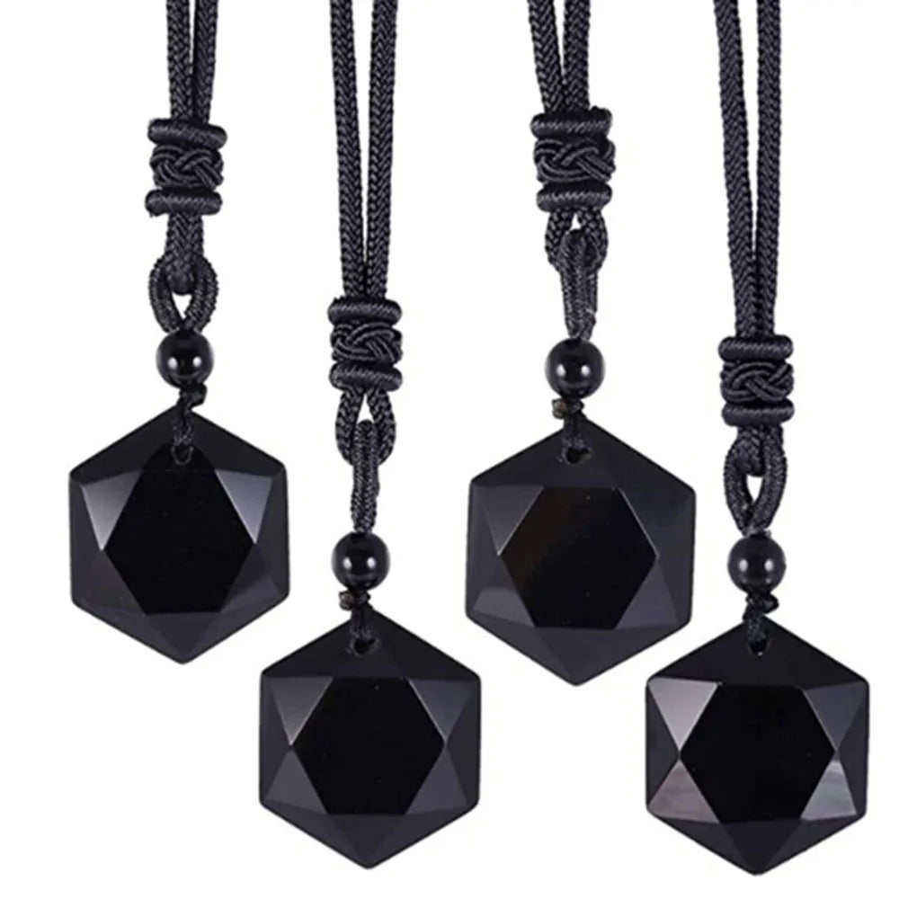 Obsidian Hexagram Pendant – Protective Black Stone Amulet Necklace for Men & Women