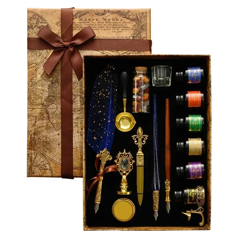 Antique Feather Dip Pen Kit Retro Wooden Dip Pen Set Classic Wax Seal Stamp Kit for Calligraphy Art Words Gifts