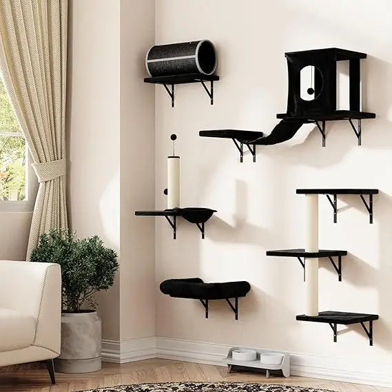 7-in-1 Wall-Mounted Cat Climber Furniture Set – Includes Cat House, Tunnel, Bridge, Hammock, Steps, Scratcher & Shelves