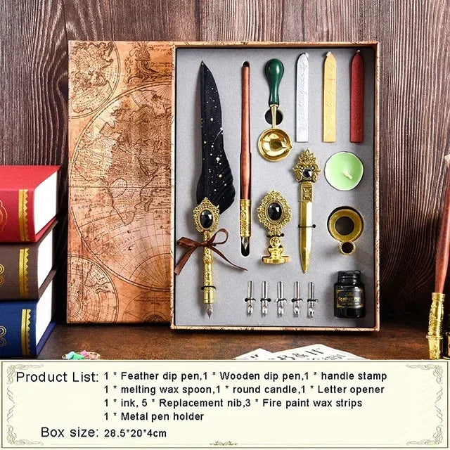 Antique Feather Dip Pen Kit Retro Wooden Dip Pen Set Classic Wax Seal Stamp Kit for Calligraphy Art Words Gifts