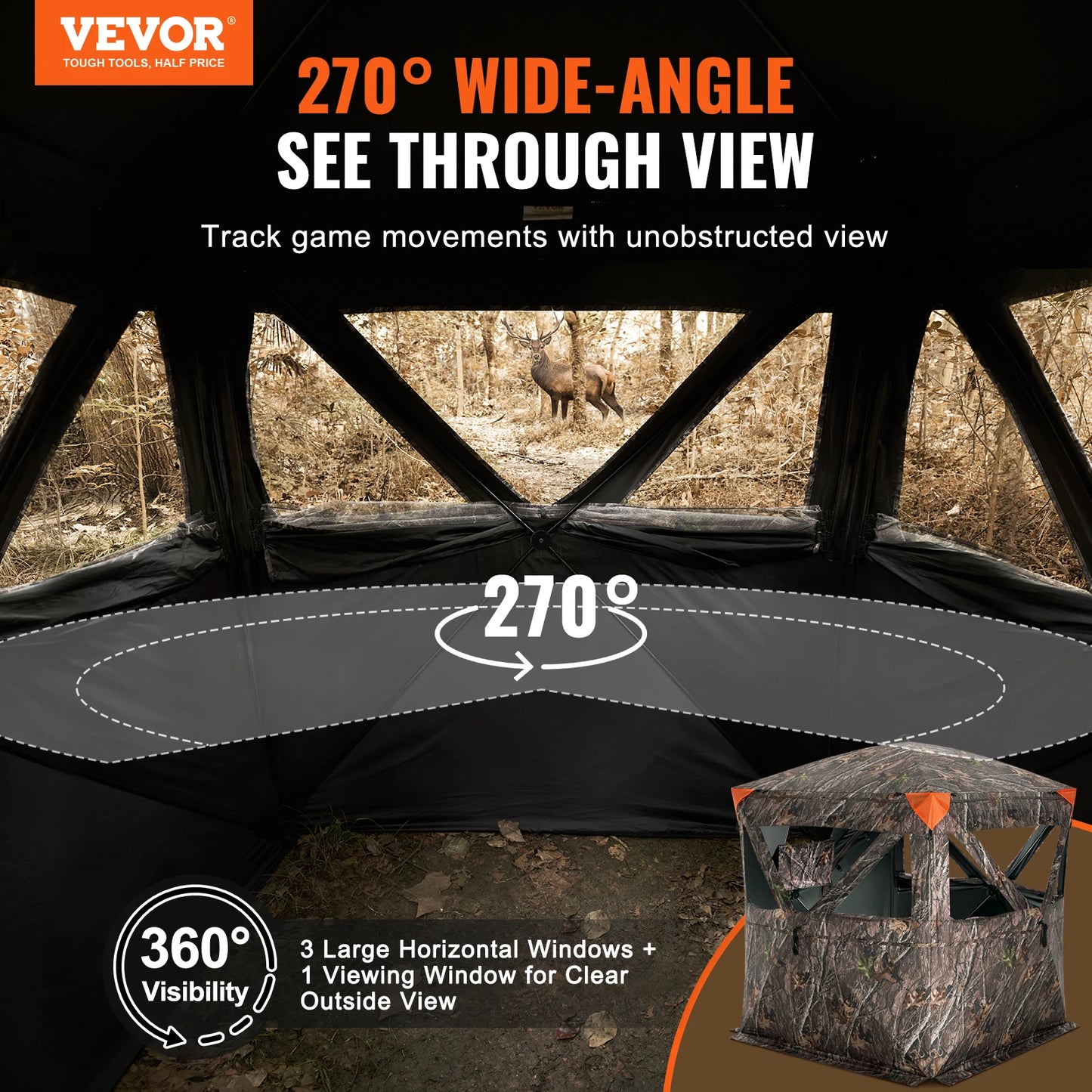 2-3 Person Hunting Blind – 270° See-Through Pop-Up Ground Blind with Carrying Bag, Portable Deer Hunting Tent