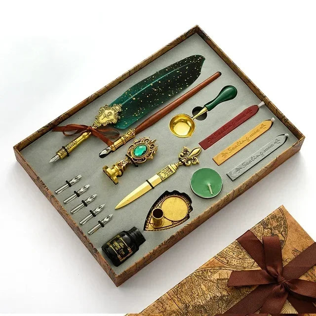 Antique Feather Dip Pen Kit Retro Wooden Dip Pen Set Classic Wax Seal Stamp Kit for Calligraphy Art Words Gifts