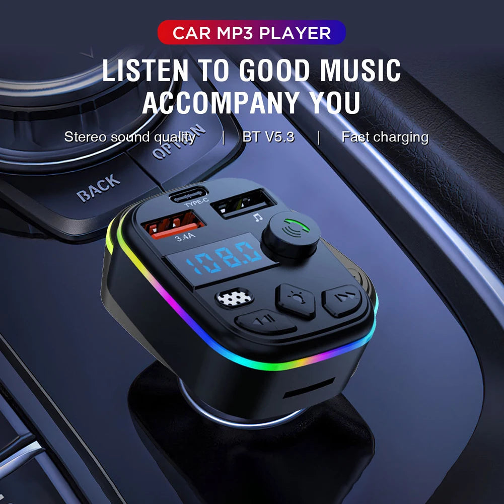 Bluetooth 5.3 FM Transmitter Car Charger – Hands-Free Calls, Dual USB + Type-C, MP3 & TF Card Support