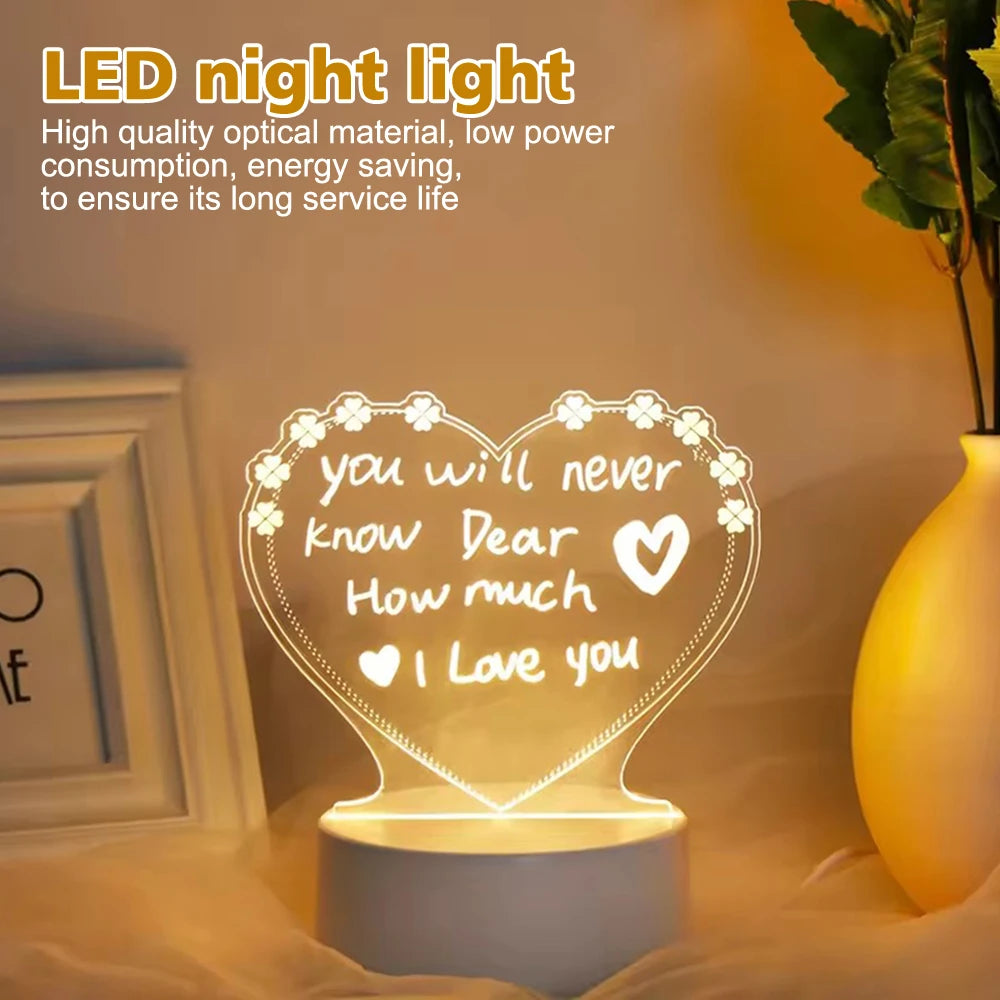 Creative LED Night Light Message Board – USB Note Lamp with Pen, Fun Gift for Kids or Girlfriend, Bedroom Decor