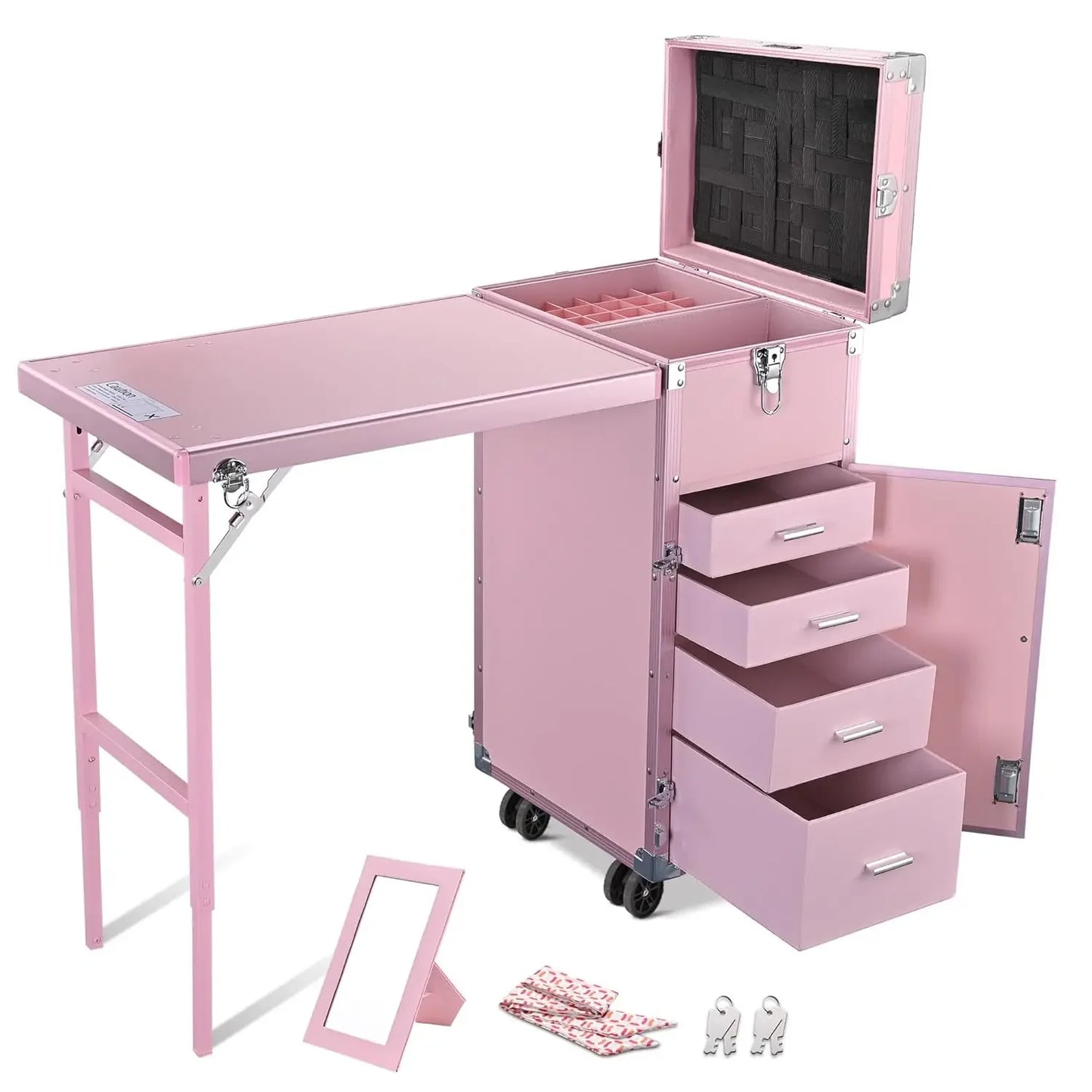 Portable Rolling Manicure Table – Foldable Nail Desk with Travel Case & Cosmetic Trolley Storage Organizer