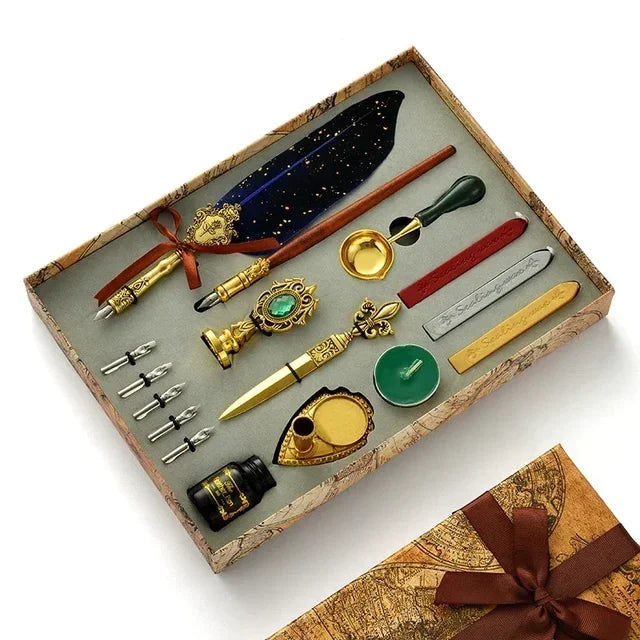 Antique Feather Dip Pen Kit Retro Wooden Dip Pen Set Classic Wax Seal Stamp Kit for Calligraphy Art Words Gifts