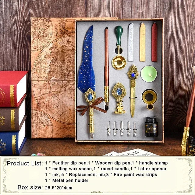 Antique Feather Dip Pen Kit Retro Wooden Dip Pen Set Classic Wax Seal Stamp Kit for Calligraphy Art Words Gifts