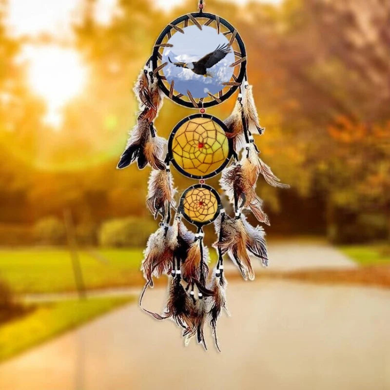 Wolf Head Oil Painting Dream Catcher – Boho Wall Decoration with Natural Feather Pendant | Festival-Inspired Hanging