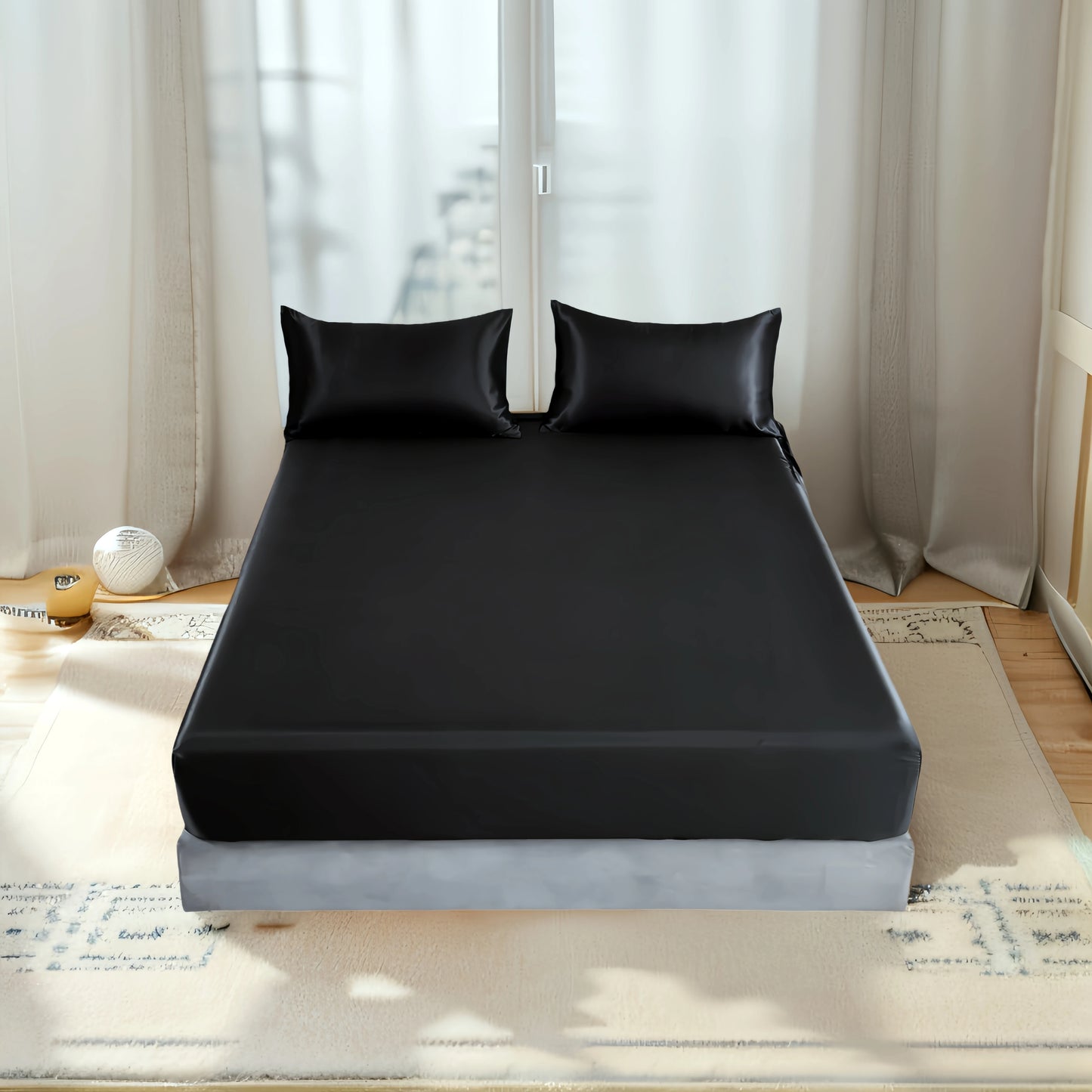 3-Piece Satin Fitted Sheet Set – Luxury Solid Color Bed Cover with Pillowcases & 4-Corner Elastic Fit