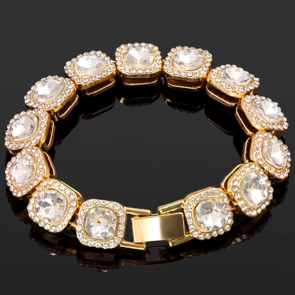4-Piece Iced Out Pink Cuban Bracelet Set – Gold & Silver-Tone Crystal Heart, Circle & Square Hip Hop Jewelry for Women