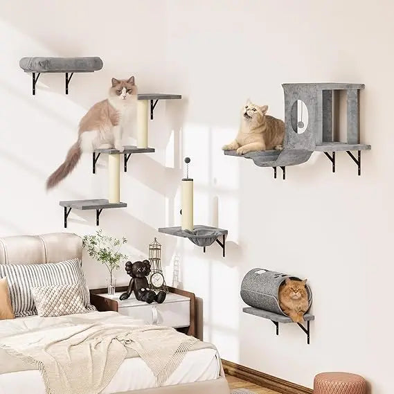 7-in-1 Wall-Mounted Cat Climber Furniture Set – Includes Cat House, Tunnel, Bridge, Hammock, Steps, Scratcher & Shelves