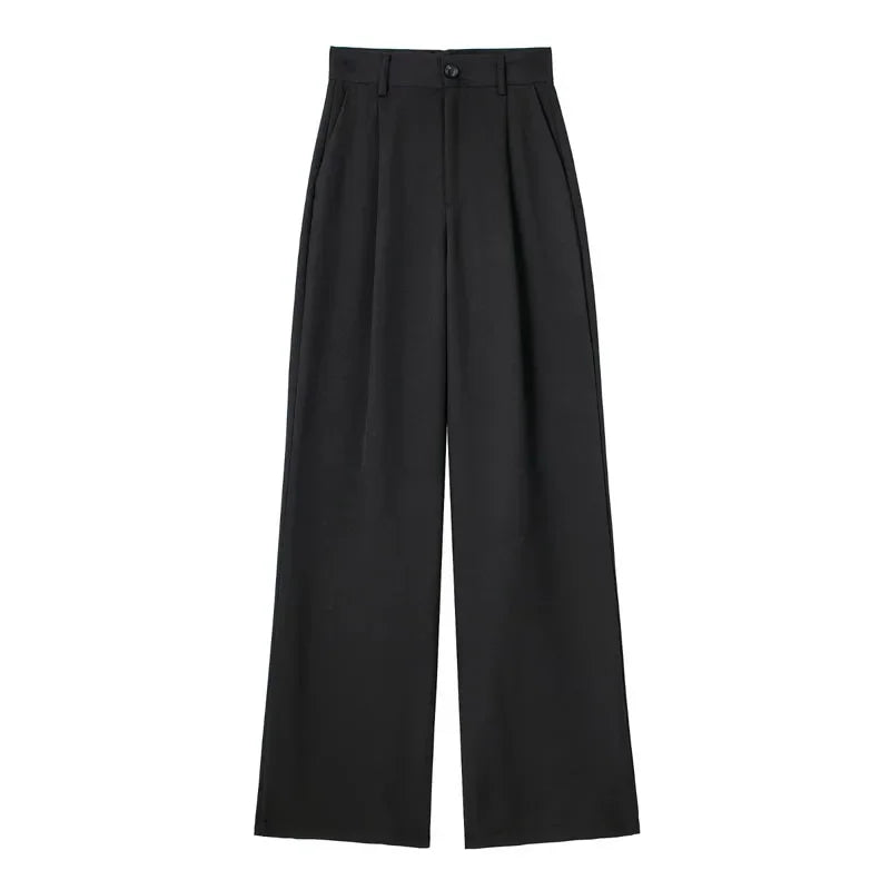 High-Waist Striped Wide-Leg Trousers – Women's Formal Office Wear, Casual Suit Pants in Grey & Black