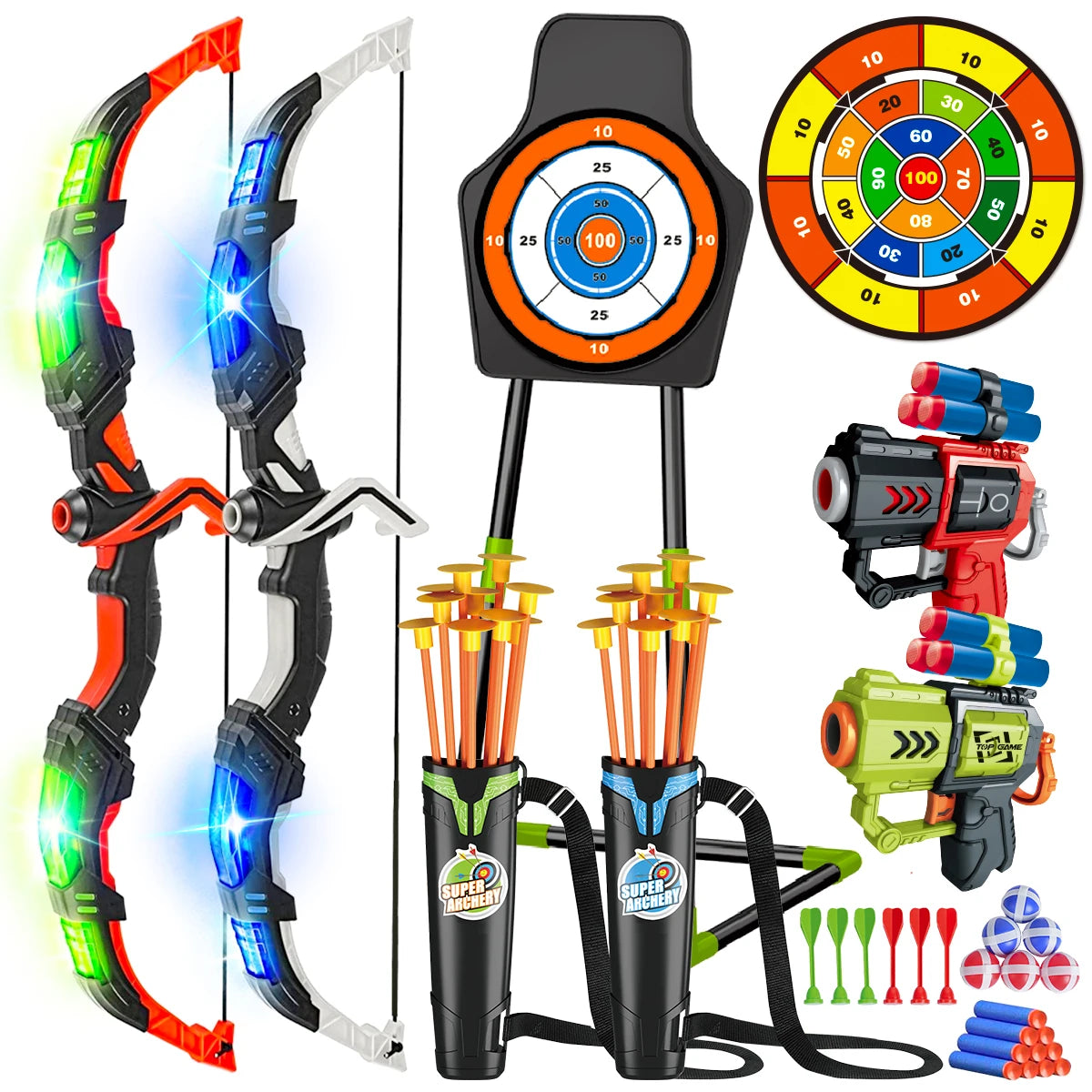 2-in-1 Bow & Arrow + Toy Gun Set for Kids – LED Light-Up Archery with Suction Arrows, Target Stand & Dart Board Game