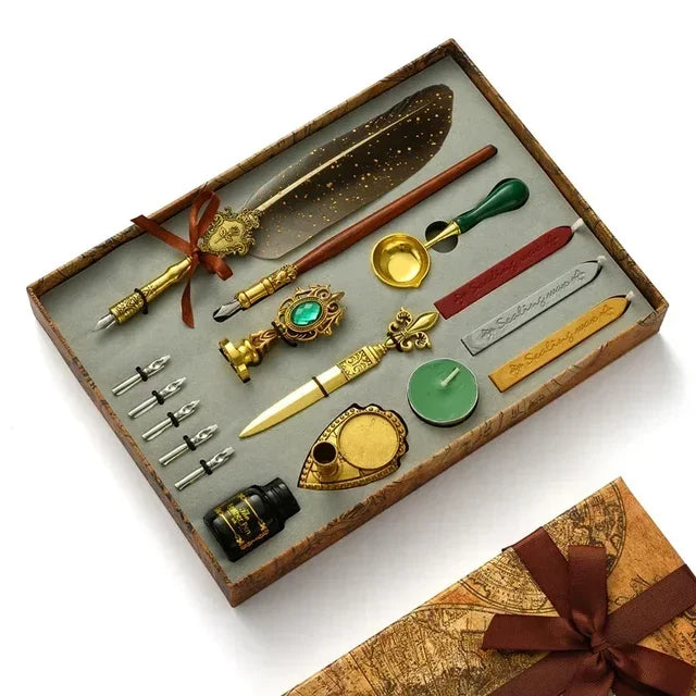 Antique Feather Dip Pen Kit Retro Wooden Dip Pen Set Classic Wax Seal Stamp Kit for Calligraphy Art Words Gifts