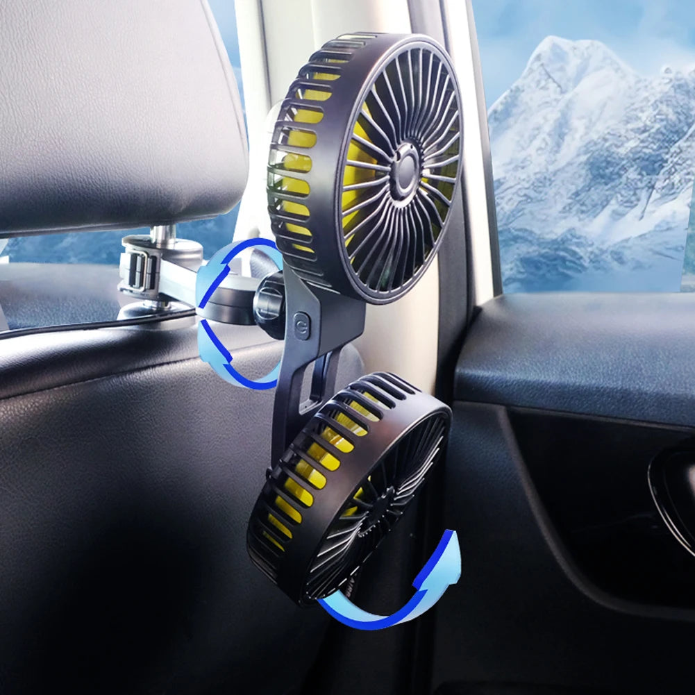 12V/24V Dual-Head Car Seat Cooling Fan – USB Neck Cooler with 360° Rotation & 3-Speed Adjustable Settings