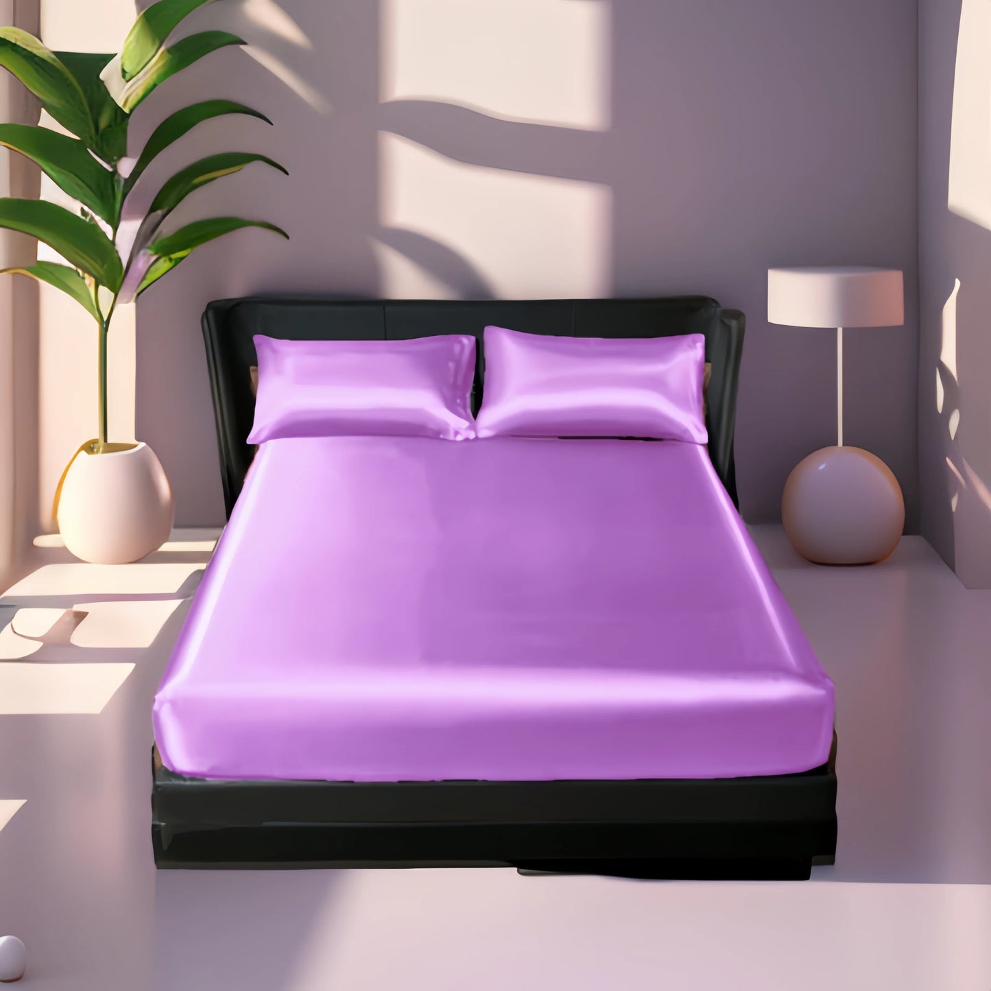 3-Piece Satin Fitted Sheet Set – Luxury Solid Color Bed Cover with Pillowcases & 4-Corner Elastic Fit