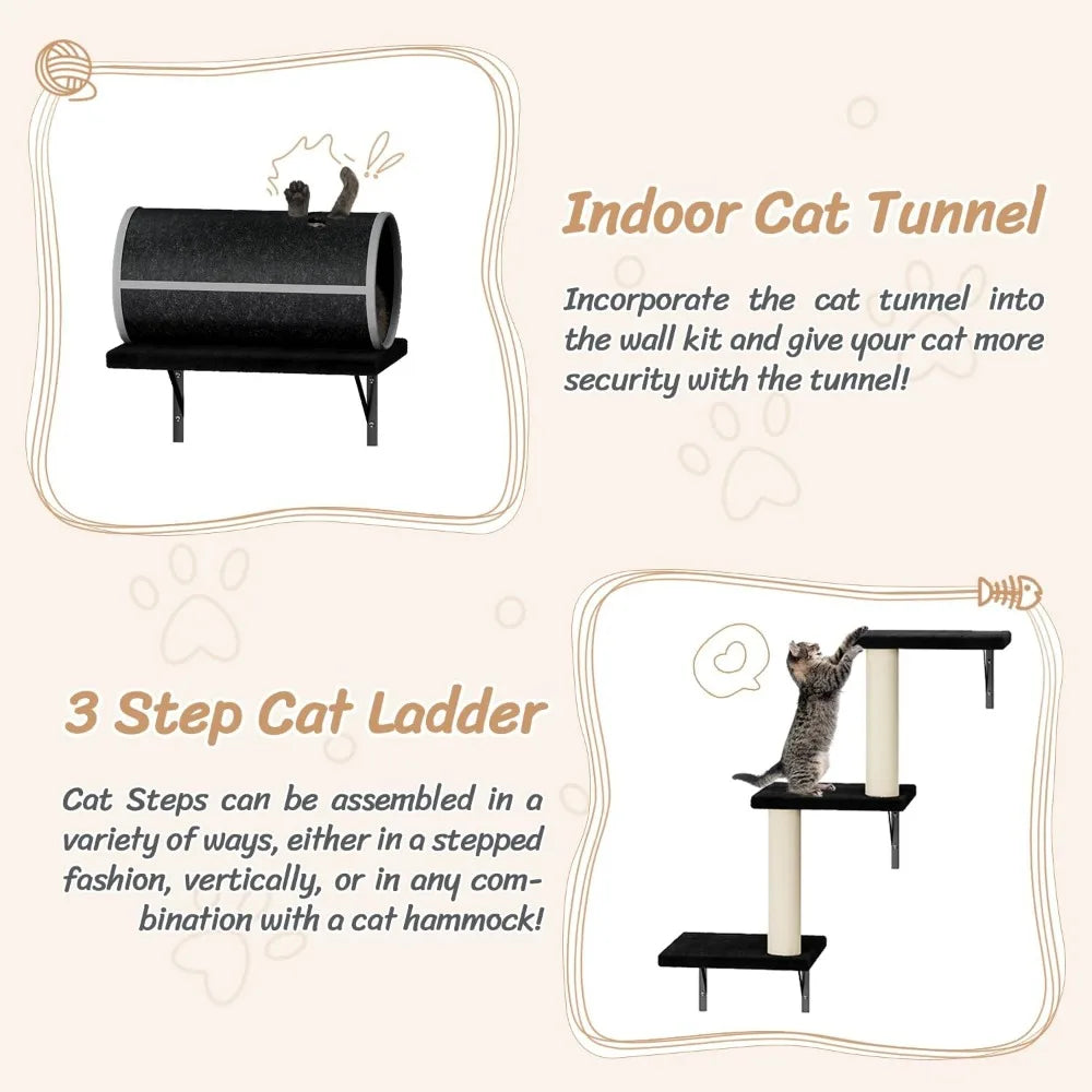 7-in-1 Wall-Mounted Cat Climber Furniture Set – Includes Cat House, Tunnel, Bridge, Hammock, Steps, Scratcher & Shelves