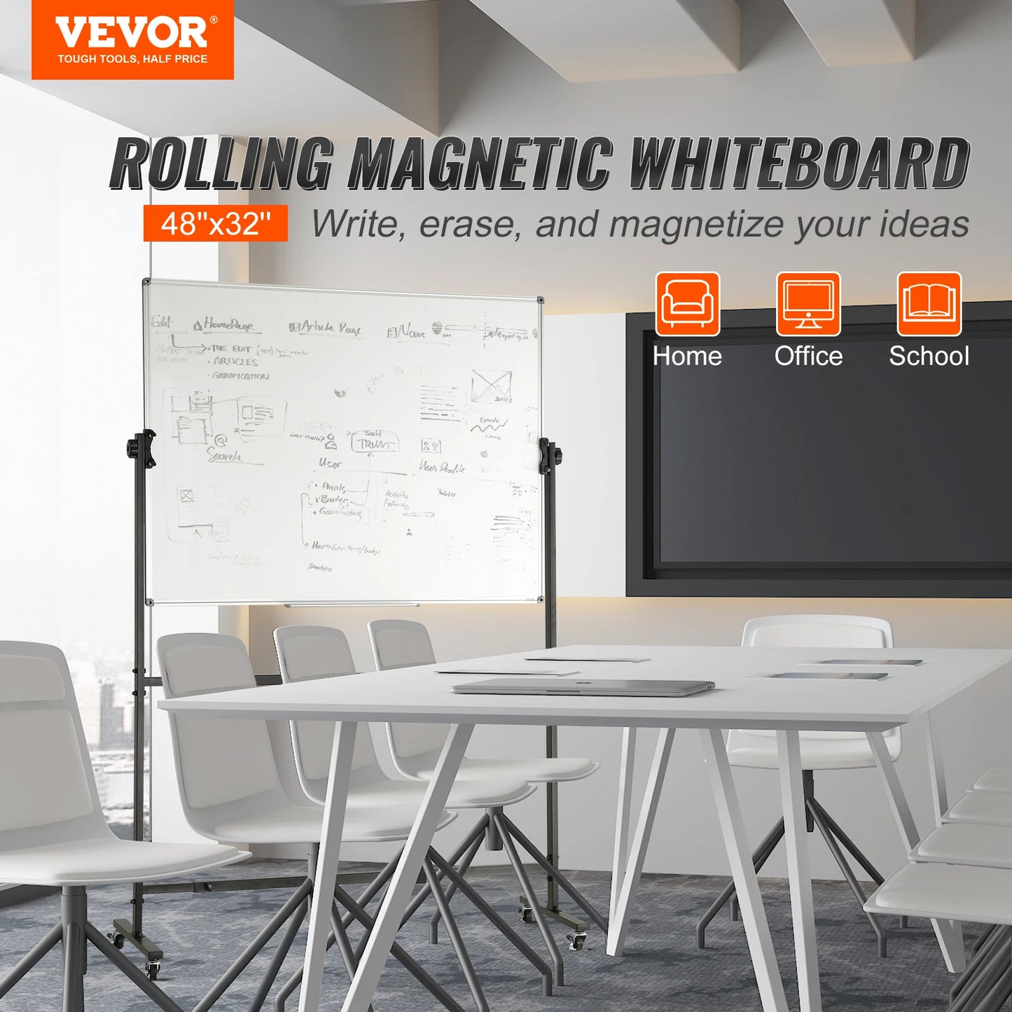 48x32" Rolling Double-Sided Magnetic Whiteboard – Mobile Dry Erase Board with 360° Reversible & Height Adjustable Frame