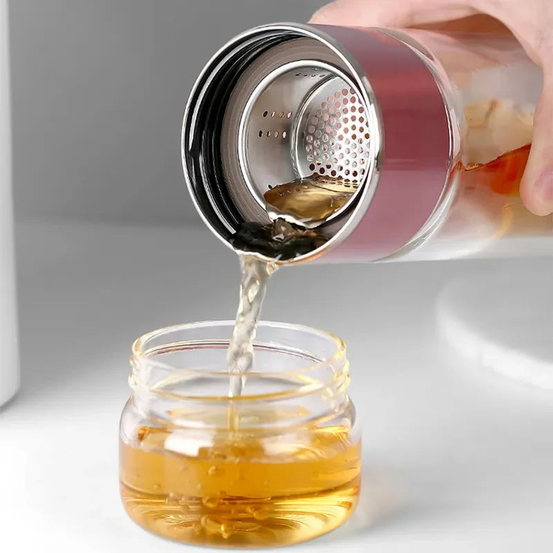 420ML Tea Infuser Water Bottle – Double Layer High Borosilicate Glass Tumbler with Stainless Steel Filter for Loose Leaf Tea & Fruit Infusions