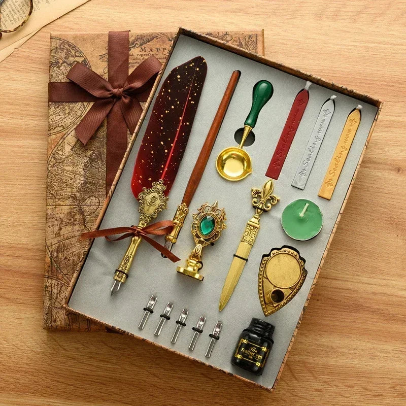 Antique Feather Dip Pen Kit Retro Wooden Dip Pen Set Classic Wax Seal Stamp Kit for Calligraphy Art Words Gifts