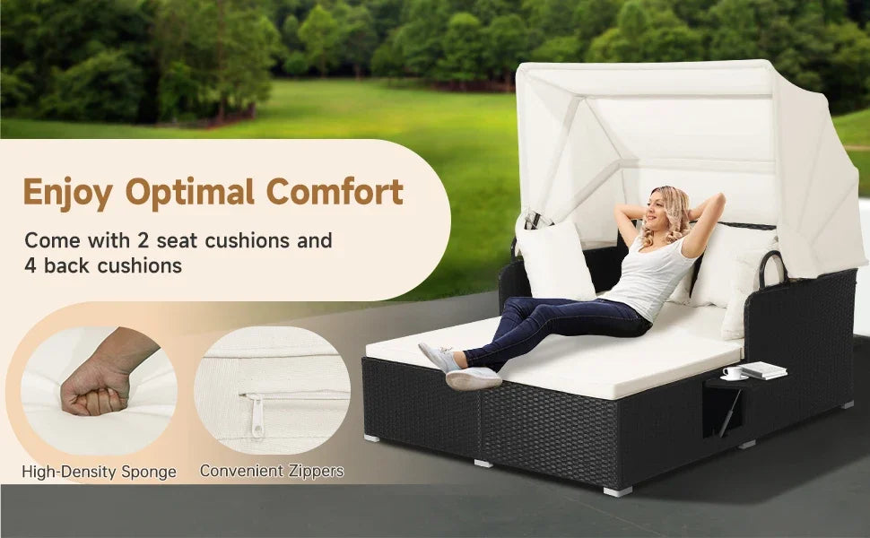 Relax in Style: Hand-Woven Outdoor Daybed with Canopy & Built-In Side Tables