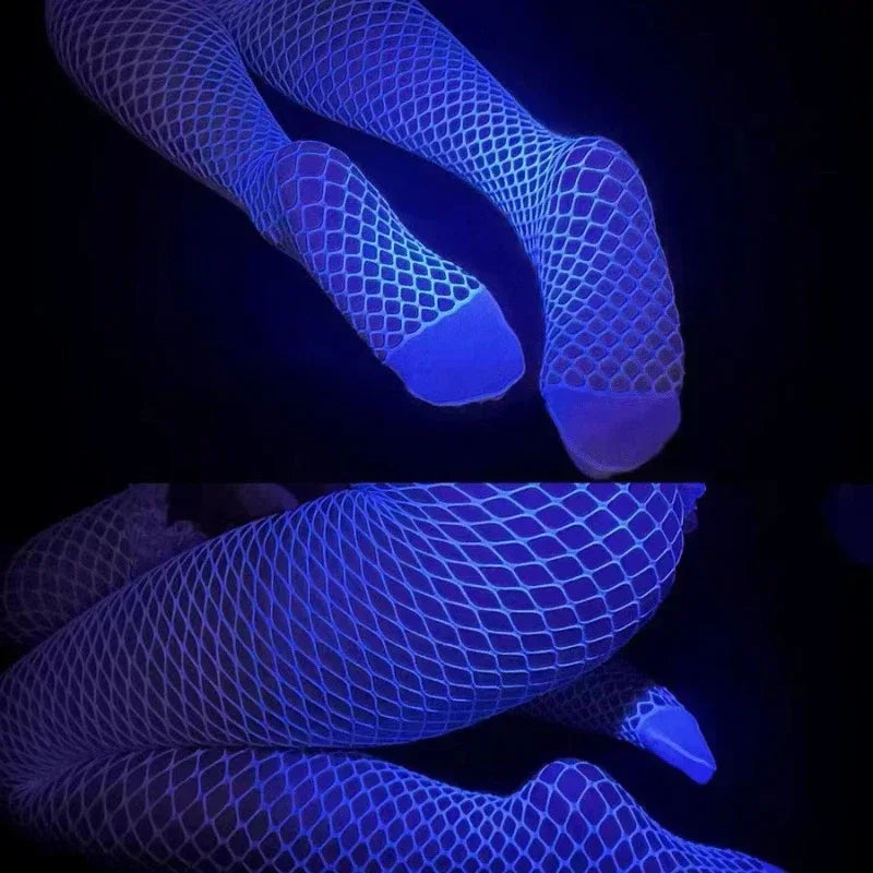Fluorescent Fishnet Bodysuit – High-Waist Mesh Lingerie with Long Stockings for Women