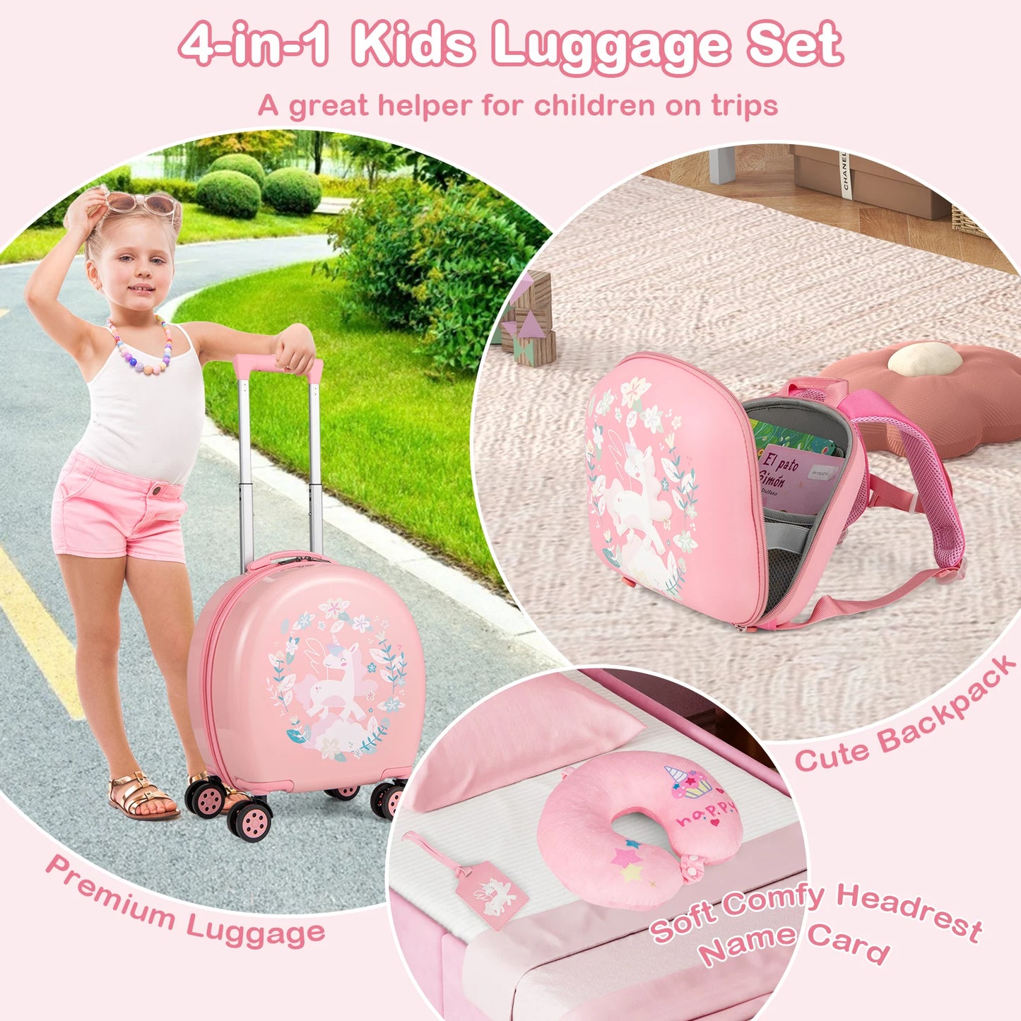 4-Piece Kids’ Luggage Set – 14" Hardside Carry-On Spinner with Backpack, Lunch Bag & Neck Pillow
