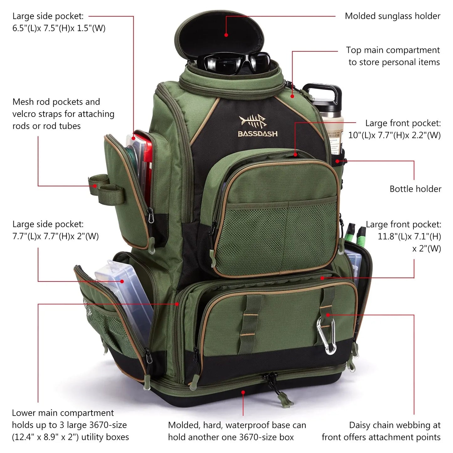 Bassdash Multifunctional Fishing Tackle Backpack Lightweight Tactical Soft Tackle Box with Protective Rain Cover