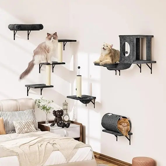 7-in-1 Wall-Mounted Cat Climber Furniture Set – Includes Cat House, Tunnel, Bridge, Hammock, Steps, Scratcher & Shelves
