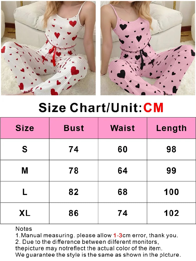 Women’s Summer Pajama Set – White & Red Love Print Vest with Bow Trim Long Pants