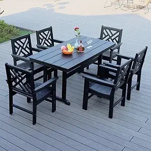 7-Piece Outdoor Dining Set – All-Weather HDPE Patio Table & Chairs with Wood Grain Finish and Umbrella Hole