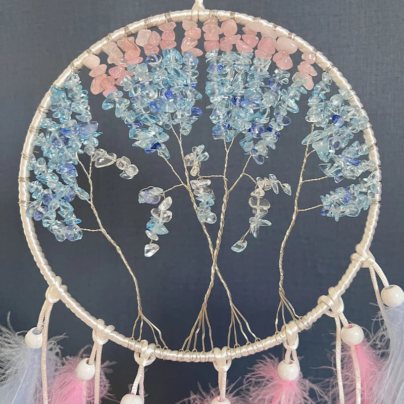 Tree of Life Crystal Dream Catcher – Blue Feathers, Wind Chime Bedroom Hanging Ornament, Perfect for Home Decor and Festival or Birthday Gifts