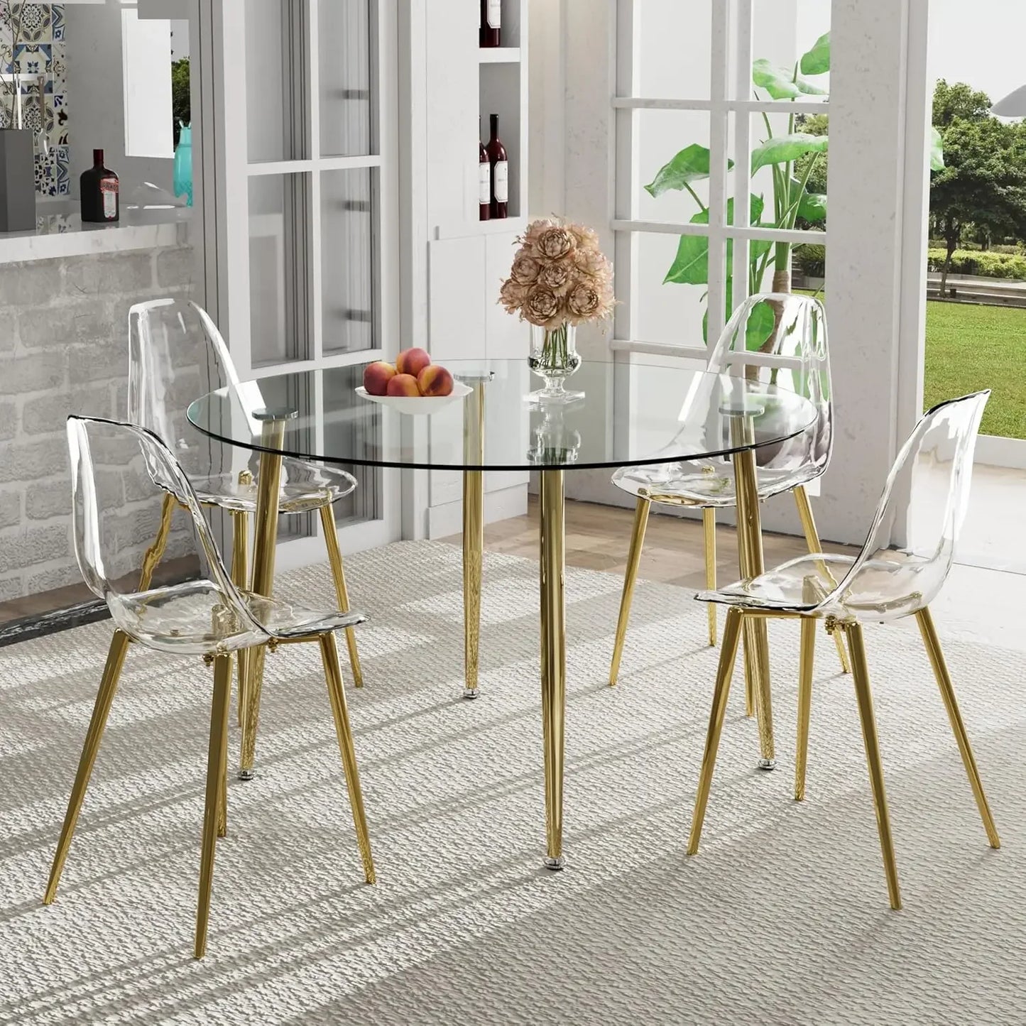 5-Piece Round Glass Dining Table Set for 4 – 47'' Modern Circular Kitchen & Dining Room Table with Clear Glass Top and Chairs