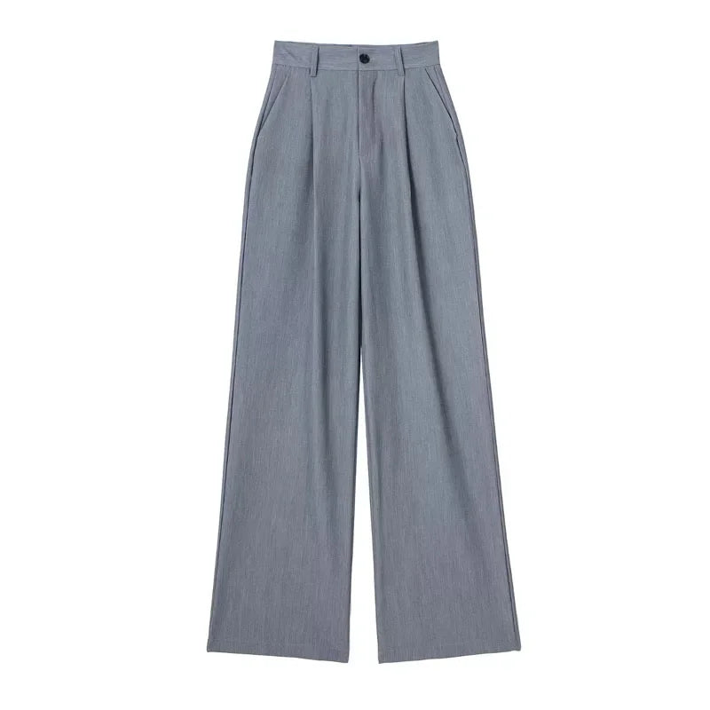 High-Waist Striped Wide-Leg Trousers – Women's Formal Office Wear, Casual Suit Pants in Grey & Black