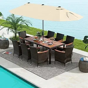 š 10-Piece Patio Rattan Dining Set with 15Ft Double-Sided Umbrella