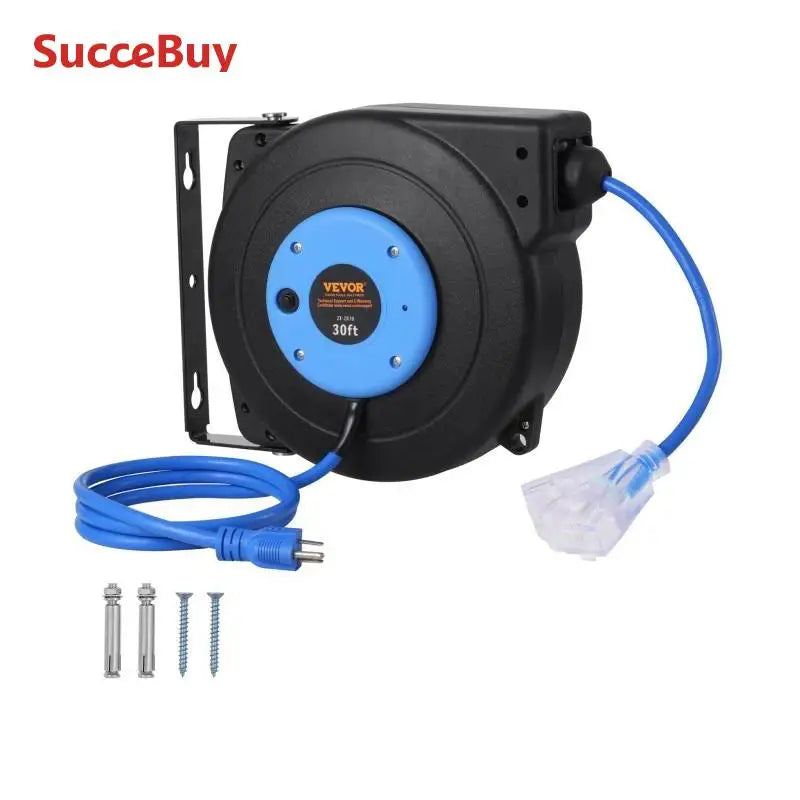🔌 SucceBuy 30FT Retractable Extension Cord Reel
With Lighted Triple Tap Outlet | 10 Amp Circuit Breaker | 4.5FT Lead-In Cord