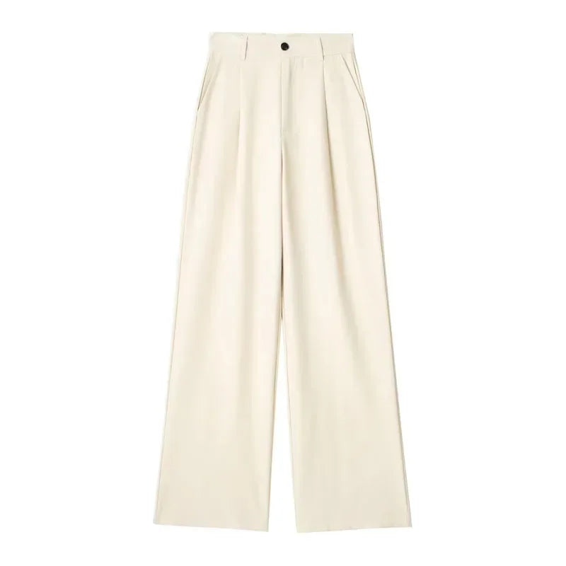 High-Waist Striped Wide-Leg Trousers – Women's Formal Office Wear, Casual Suit Pants in Grey & Black
