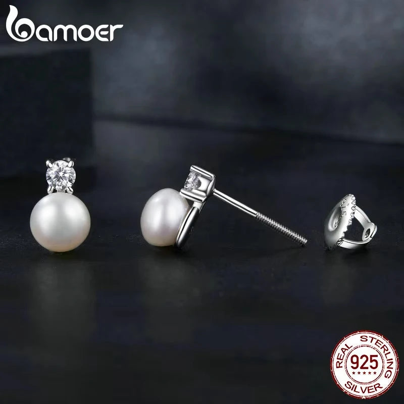 Elegant Moissanite & Freshwater Pearl Stud Earrings in 925 Sterling Silver