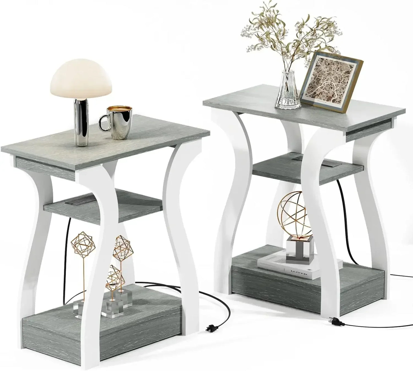 Set of 2 Modern End Tables with USB Ports & Outlets – 3-Tier Nightstands with Storage Shelves and Charging Station