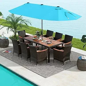 š 10-Piece Patio Rattan Dining Set with 15Ft Double-Sided Umbrella