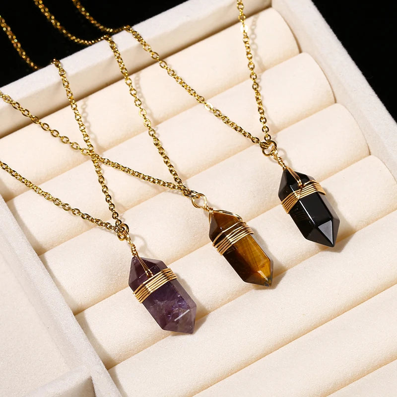 Natural Pink Hexagonal Quartz Crystal Pendant Necklace – Vintage Bullet Stone Jewelry for Women